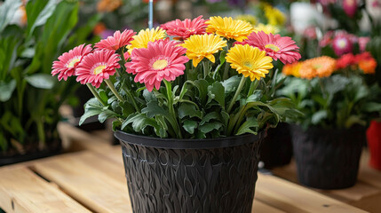 Vibrant gerbera daisies in textured black pot, showcasing long stems and colorful blooms. Perfect for brightening up any space with their cheerful presence