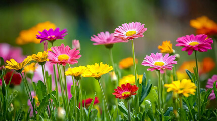 Fototapeta premium Colorful gerbera daisies in vibrant garden setting, showcasing pink, yellow, and red flowers with lush green leaves, creating cheerful and lively atmosphere