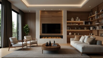 Fototapeta premium Modern living room with fireplace, wooden wall, and built-in shelving.