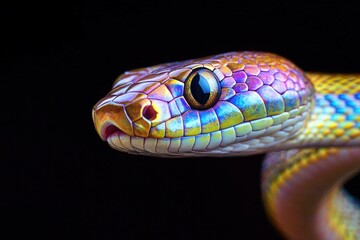 Fototapeta premium Colorful and iridescent snake close-up, showcasing intricate scales with vibrant hues under soft lighting on a black background. Nature and wildlife concept.