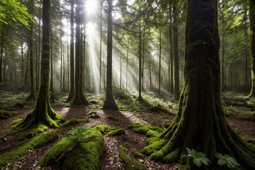 A dense forest filled with towering trees, their thick trunks covered in moss.