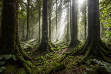 Obraz premium A dense forest filled with towering trees, their thick trunks covered in moss.