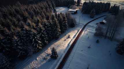 aerial view of snow-covered evergreen forest in winter
