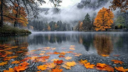 Fototapeta premium Autumnal Lake Scenery with Vibrant Fall Foliage Reflected in Calm Water
