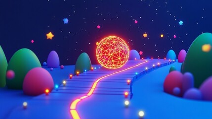 Fototapeta premium 3D Render of Light Trails and Glowing Orb in Trade Routes Maze