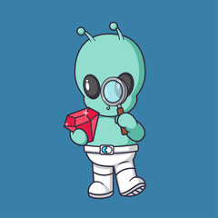 Obraz premium Cute alien holding diamond with magnifying glass Cartoon Vector Icon Illustration.