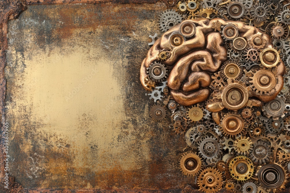 Aufkleber A detailed representation showcases a brain intertwined with various gears, symbolizing the integration of thought and machinery in art. Generative AI