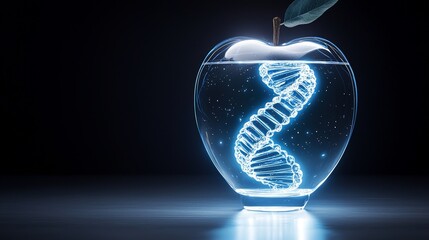 Transparent apple showing luminous DNA strand, scientific innovation in genetics