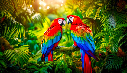 Fototapeta premium A vibrant, feathered parrot perches amidst the lush jungle foliage, its feathers shimmering