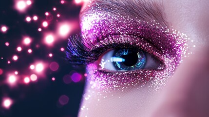 Close-up of glittery concert makeup, soft focus venue background, overlaid concert series schedule text, energetic advertisement for live music events
