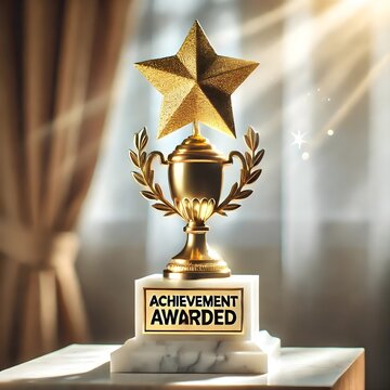 the golden trophy with a star on top, placed on a marble base, with sunlight streaming through a window. Generative Ai