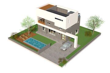 Obraz premium 3d model house, 3d modeling illustration of a Modern Minimalist Home with Pool and Landscaped Garden
