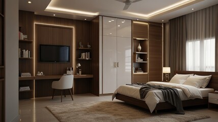 Fototapeta premium Modern bedroom interior design with wood accents, built-in wardrobe, and comfortable bed.
