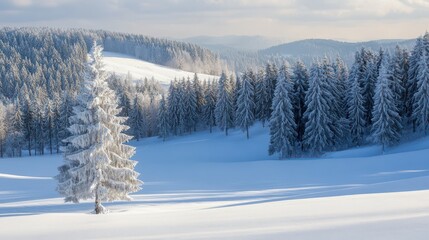 Obraz premium Weihnachtsbaum in verschneiter winterlandschaft mit Tannenwald