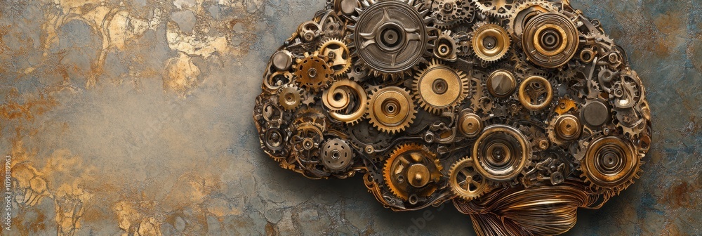 Leinwandbilder a brain made of various metallic gears and cogs is displayed against a grungy, textured backdrop tha