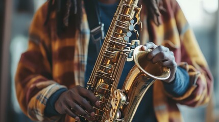 Obraz premium young afro american musician playing saxophone