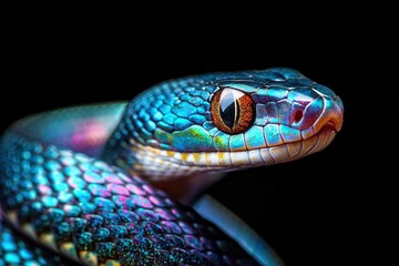 Fototapeta premium Close-up of a colorful snake with iridescent scales, showcasing intricate patterns and textures against a dark background. Nature and wildlife concept.