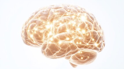 A brain with glowing neural pathways against a clean, white background, Minimalist style