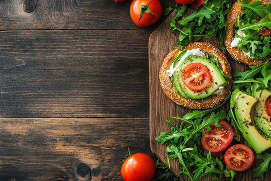 A healthy breakfast featuring bagels topped with cream avocado tomatoes and arugula presented on a wooden board with a tabletop backdrop Overhead perspective wi