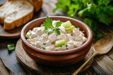 A satisfying meal canned fish and celery salad in a clay bowl on a wooden table