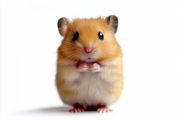 Adorable baby hamster facing forward gazing at the camera on a white backdrop