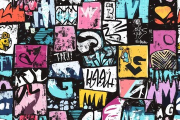 Obraz premium Adorable city sticker collage with graffiti lettering seamless abstract design for kids clothing