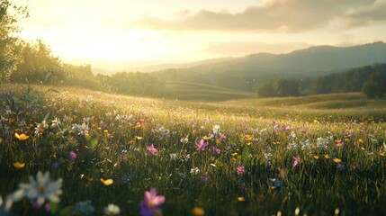 Obraz premium Captivating sunrise over a vibrant flower landscape, serene nature photography, mark iv perspective, tranquil environment