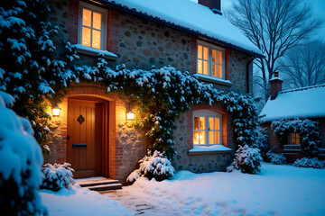 Fototapeta premium Old cozy English Cottage covered with Snow. Decorated Country house on Christmas eve 