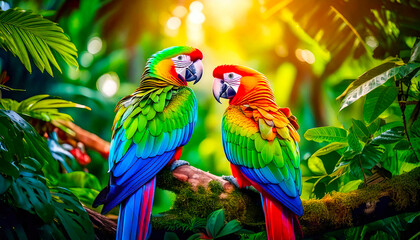  A vibrant, feathered parrot perches amidst the lush jungle foliage, its feathers shimmering