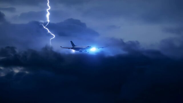 A large plane is seen flying through dark, turbulent clouds, illuminated by lightning in the stormy atmosphere. The challenging weather adds intensity to the aerial journey.