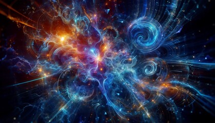 vibrant fusion of organic fractals and glowing cybernetic lines in deep blue tones