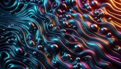 smooth, liquid like metallic surface with organic patterns pulsating underneath in neon colors