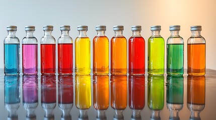 Row of glass vials, vivid liquid samples, reflective tabletop