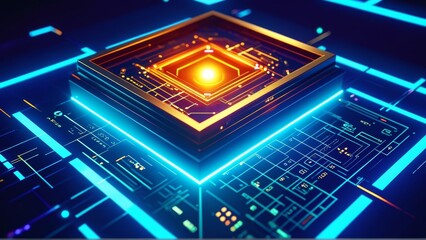 Obraz premium Futuristic circuit board with glowing central processor in neon colors