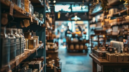 Cozy interior of a rustic shop with shelves filled with various products