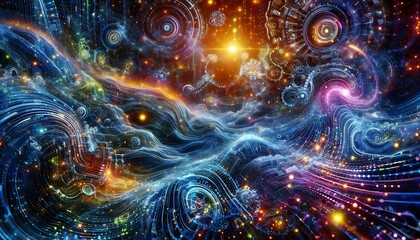 Fototapeta premium vibrant bio-digital ocean with waves of glowing liquid interacting with mechanical structures
