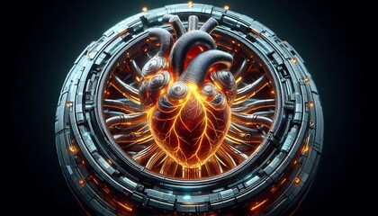 Naklejka premium biomechanical heart shaped core with glowing, pulsating veins and metallic outer casing