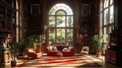 Obraz premium Grand Library Interior with Sunlight