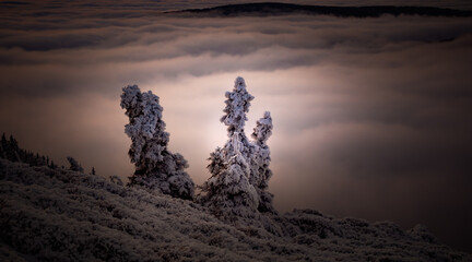 Scenic landscape with a view from a mounatin range to the valley filled with low clouds and fog...