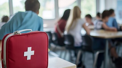 A red first aid kit in focus with a classroom of students blurred in the background, conveying a sense of safety.