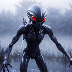 Muscular, anthropomorphic alien emerging from a misty lake