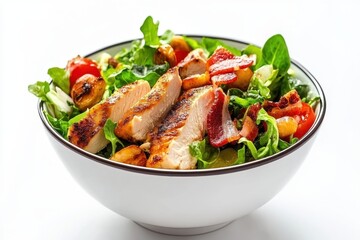 Classic chicken and bacon Caesar salad bowl on white backdrop