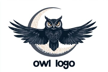 Obraz premium An owl logo featuring a detailed owl with outstretched wings against a crescent moon.