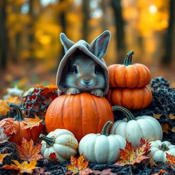 Whimsical Autumn Rabbit Among Pumpkins and Fall Leaves. Generative Ai