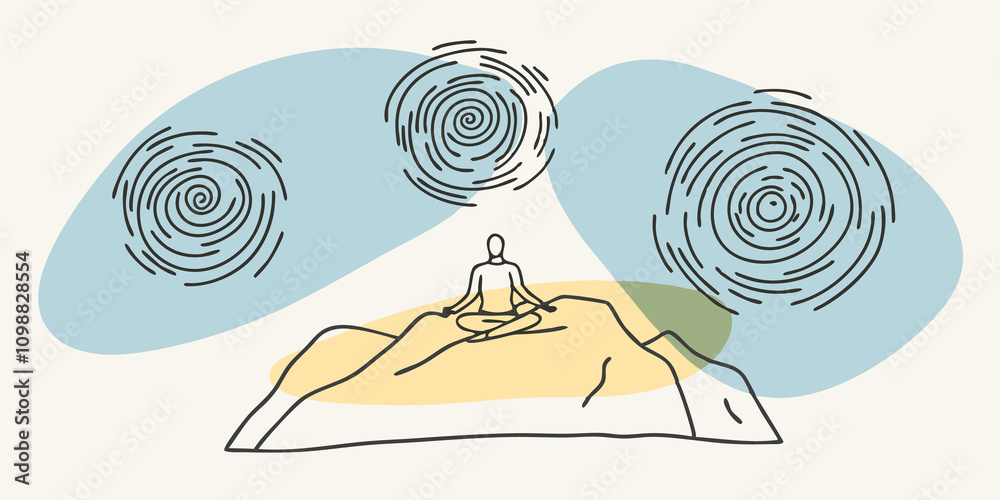 Poster Timeless Tranquility A solitary figure sits atop a rocky outcrop at night surrounded by vast starfields. The stars above appear to form spirals enveloping the meditator in a