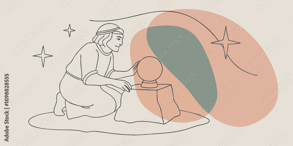 Poster timeless reflection an elderly person sits on a weathered stone peering into a crystal ball that res