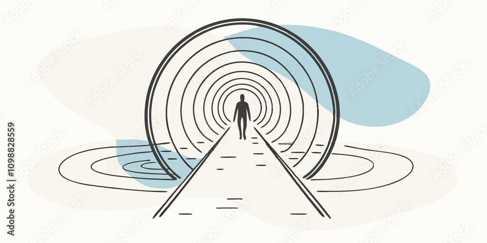 Poster torus gateway a person walks towards a glowing toroidal portal situated over a river. the portal is 