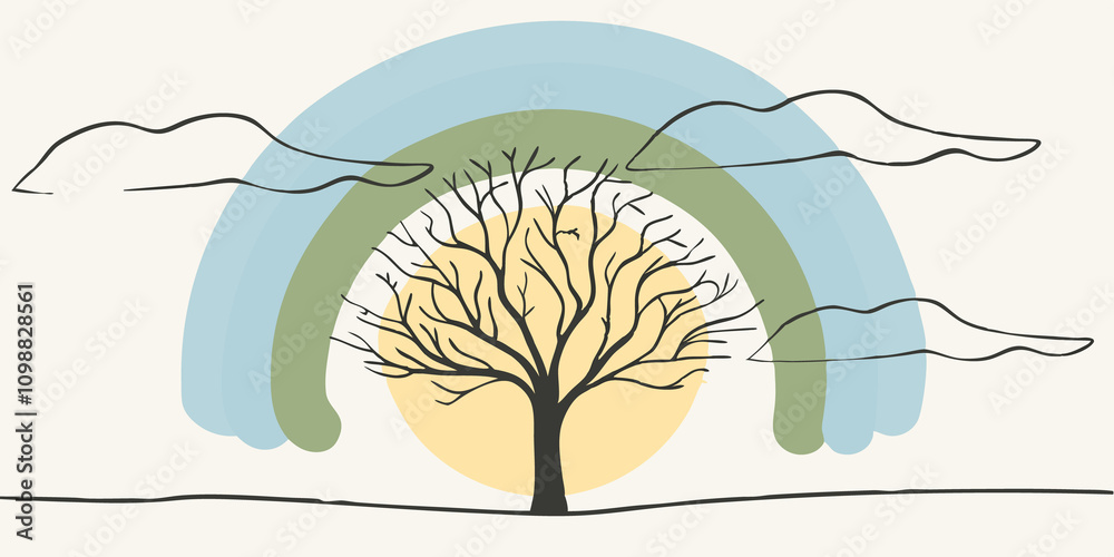 Poster Time of Day A radiant sunset behind the tree illuminates the scene with the warm colors of the sun blending with the cool tones of the rainbow aura. The tree remains central