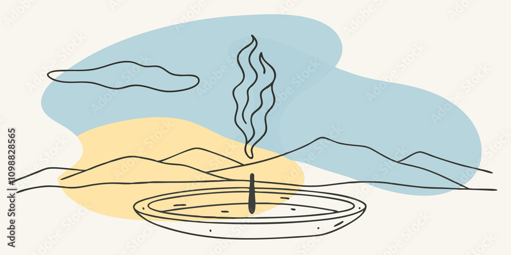 Aufkleber Tranquil Horizon Smoke from a slowly burning incense cone rises in a vertical plume expanding outward like a serene horizon. The ethereal shapes created resemble soft mountains