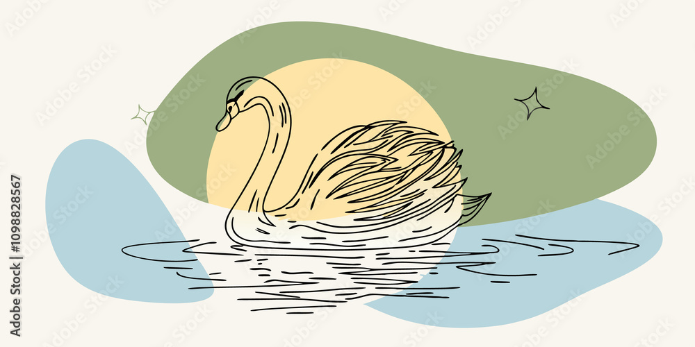 Aufkleber tranquil scene under a clear night sky studded with stars the swan floats peacefully in the still wa